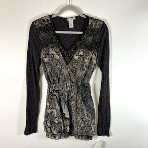 Alberto‎ Makali Animal Print Embellished Cardigan Large Gray Beaded Sequin